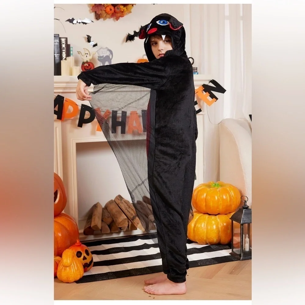 New Unisex Kids Halloween Zip Up Bat Outfit Plush Hoodie Jumpsuit 11-12 Years